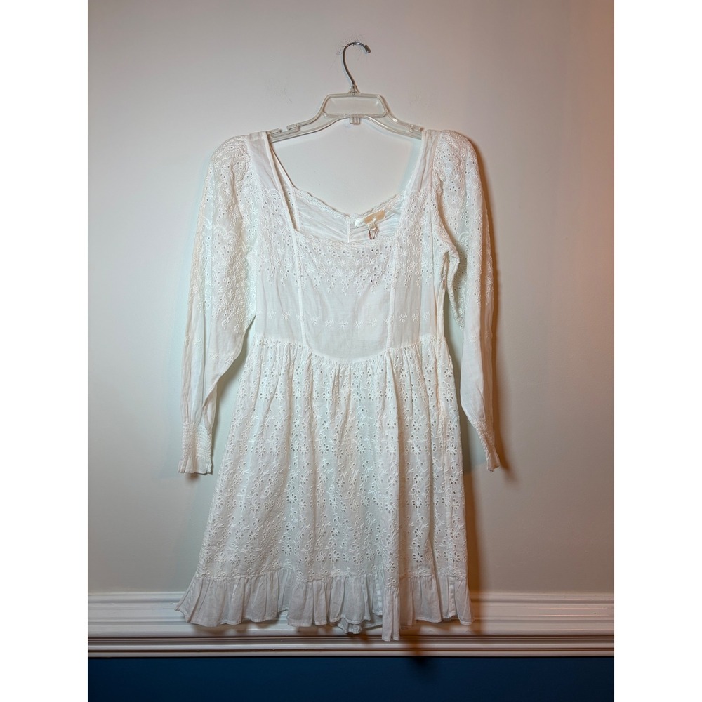 LoveShackFancy Preslina Dress True White Eyelet Lace Mini Square Neck Size 2 NEW